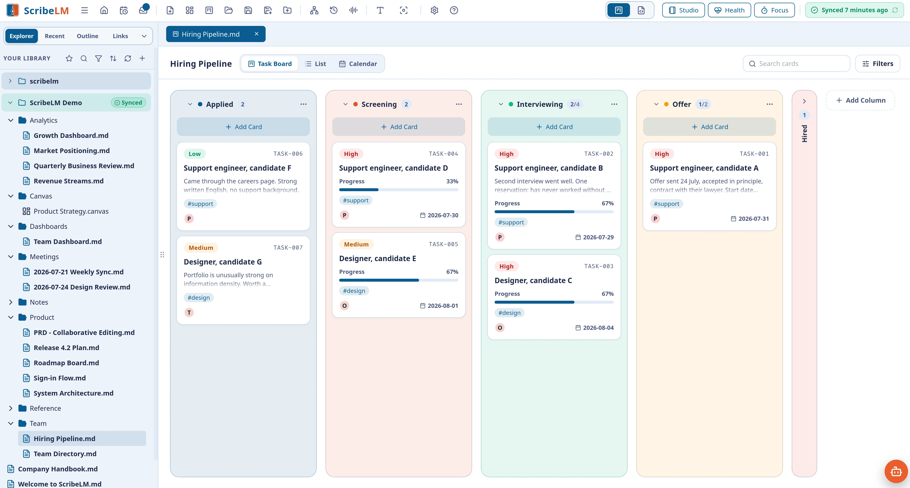 A product task board with To Do, In Progress, In Review, and Done columns holding prioritised cards with due dates and subtasks.