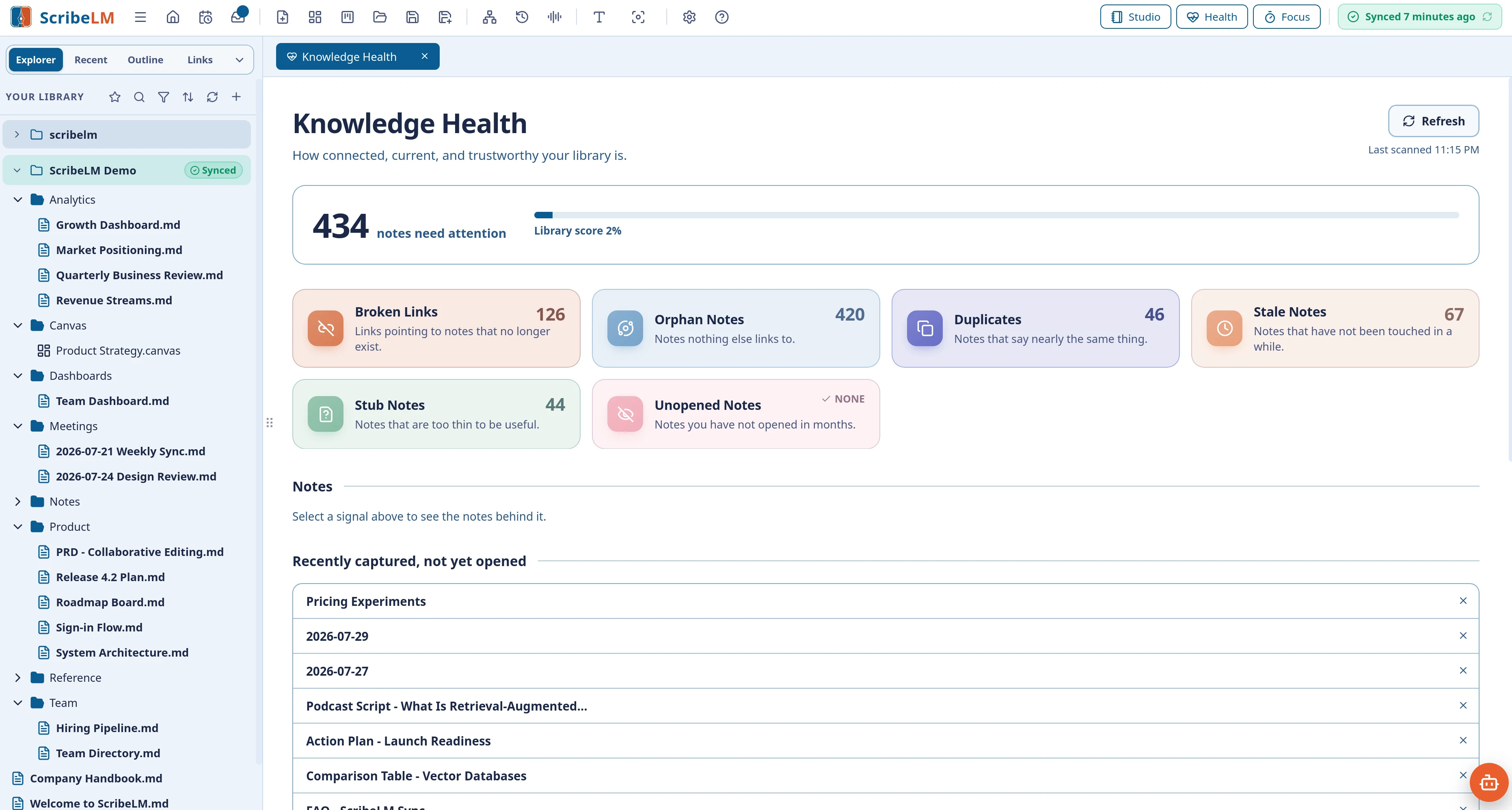 The Knowledge Health dashboard scoring the library and counting broken links, orphan notes, duplicates, stale notes, and stub notes.