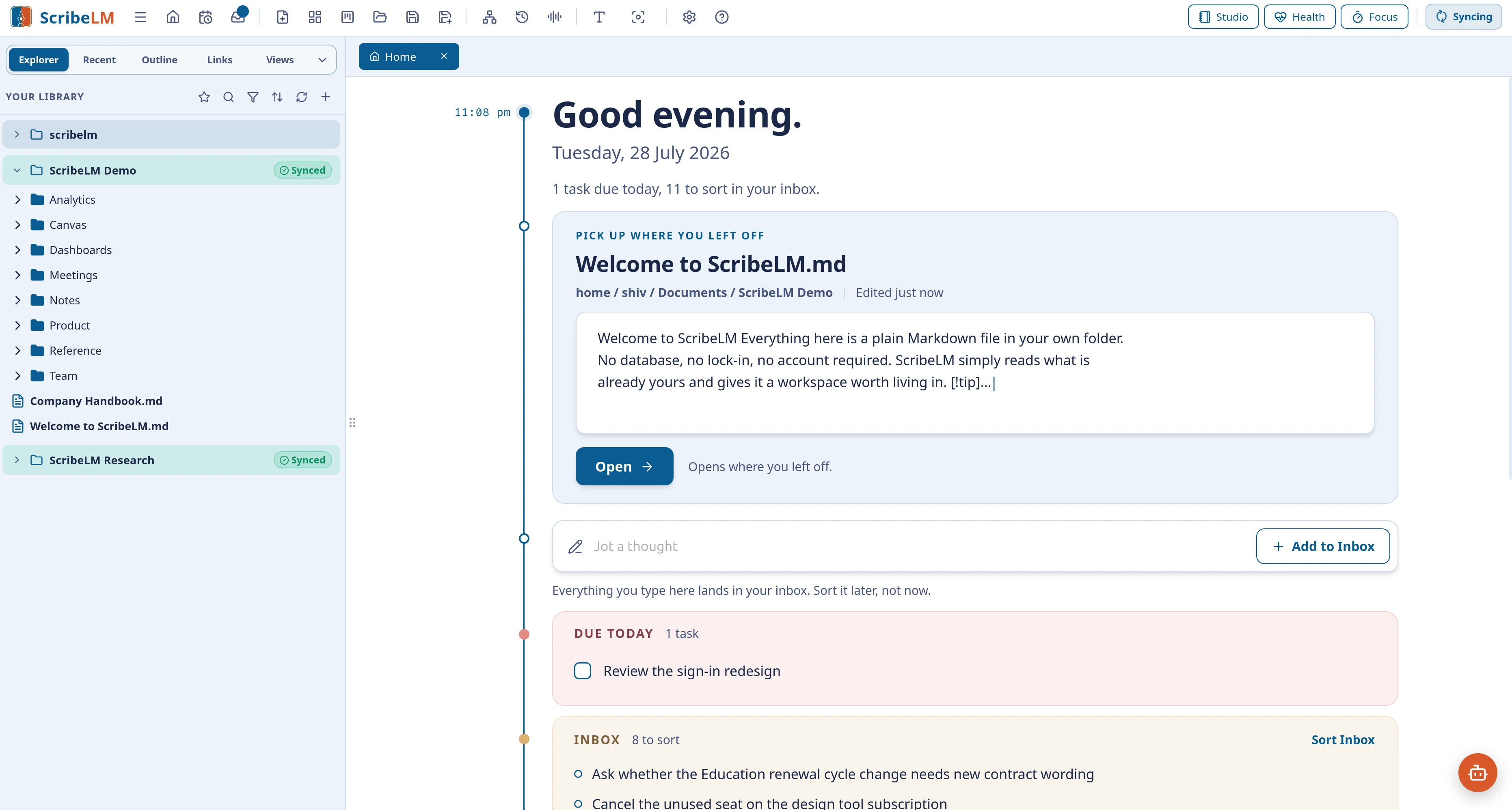 ScribeLM's Home view: a good-morning timeline with pick up where you left off, a jot-a-thought box, due today, and the inbox.
